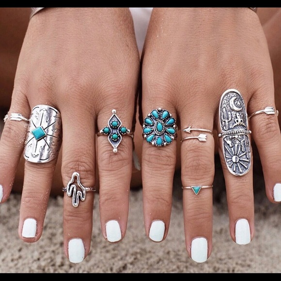 9 Piece Bohemian Turquoise Ring Set - Picture 6 of 8